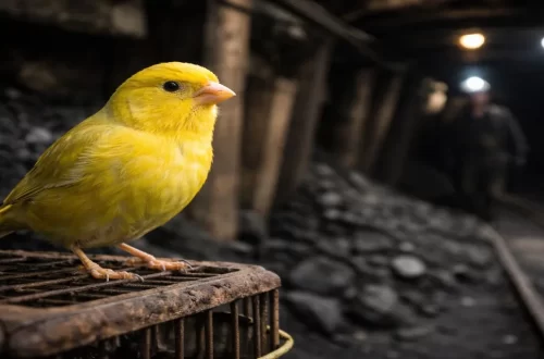 Yellow canary perched inside a coal mine, symbolizing early warning signs of environmental and nutritional harm affecting children first