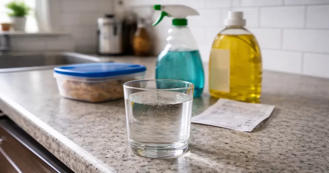 Glass of tap water on a kitchen counter with common household products nearby, representing everyday chemical exposure and misleading safety limits