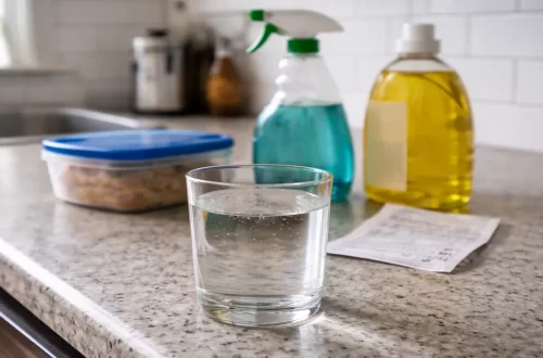 Glass of tap water on a kitchen counter with common household products nearby, representing everyday chemical exposure and misleading safety limits