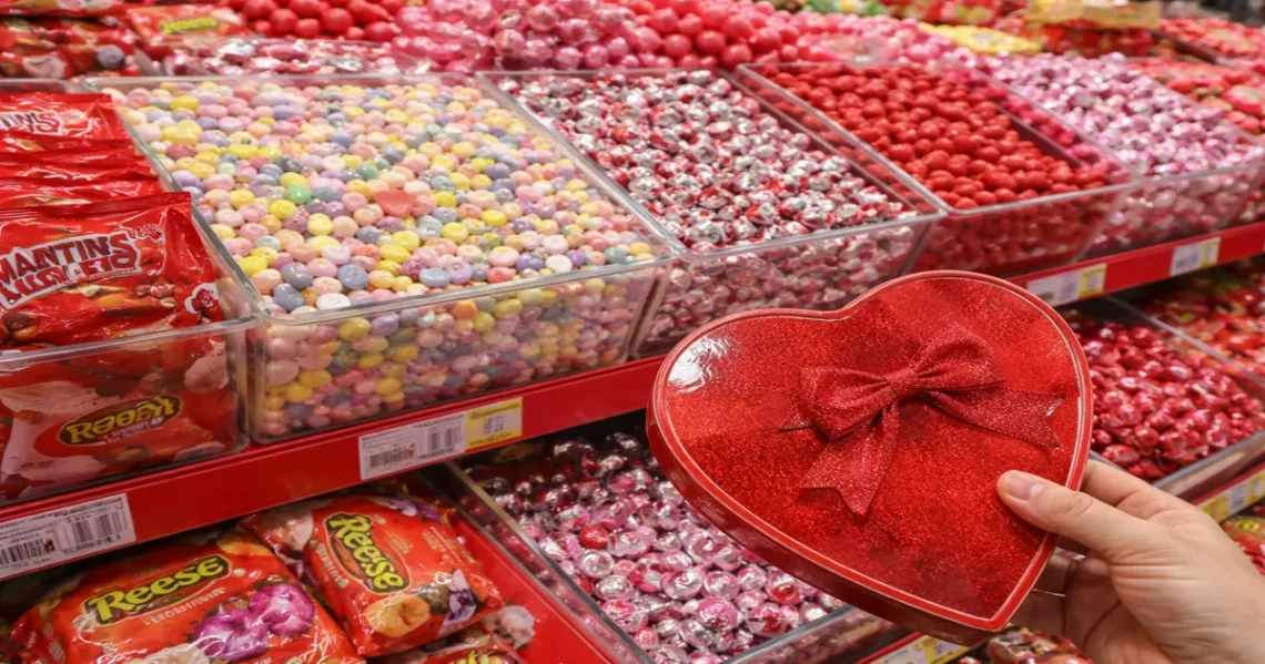 Valentine’s Day candy display showing brightly colored sweets and packaged chocolates, representing chemicals used in the modern food system.