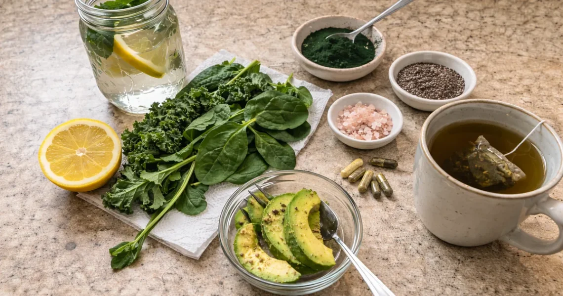 Natural detox support setup with lemon water, leafy greens, minerals, and tea on a kitchen counter