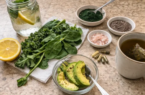 Natural detox support setup with lemon water, leafy greens, minerals, and tea on a kitchen counter