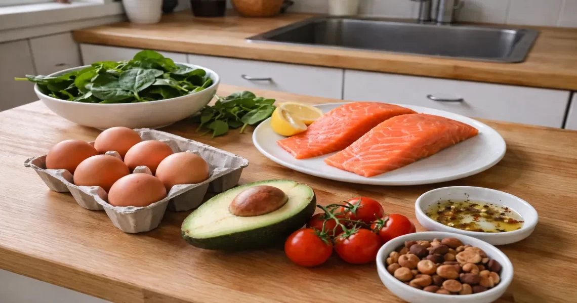 Raw salmon fillets, brown eggs, avocado, and leafy greens on a wooden kitchen counter in natural light