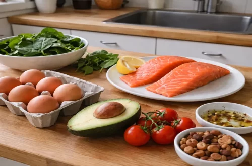Raw salmon fillets, brown eggs, avocado, and leafy greens on a wooden kitchen counter in natural light