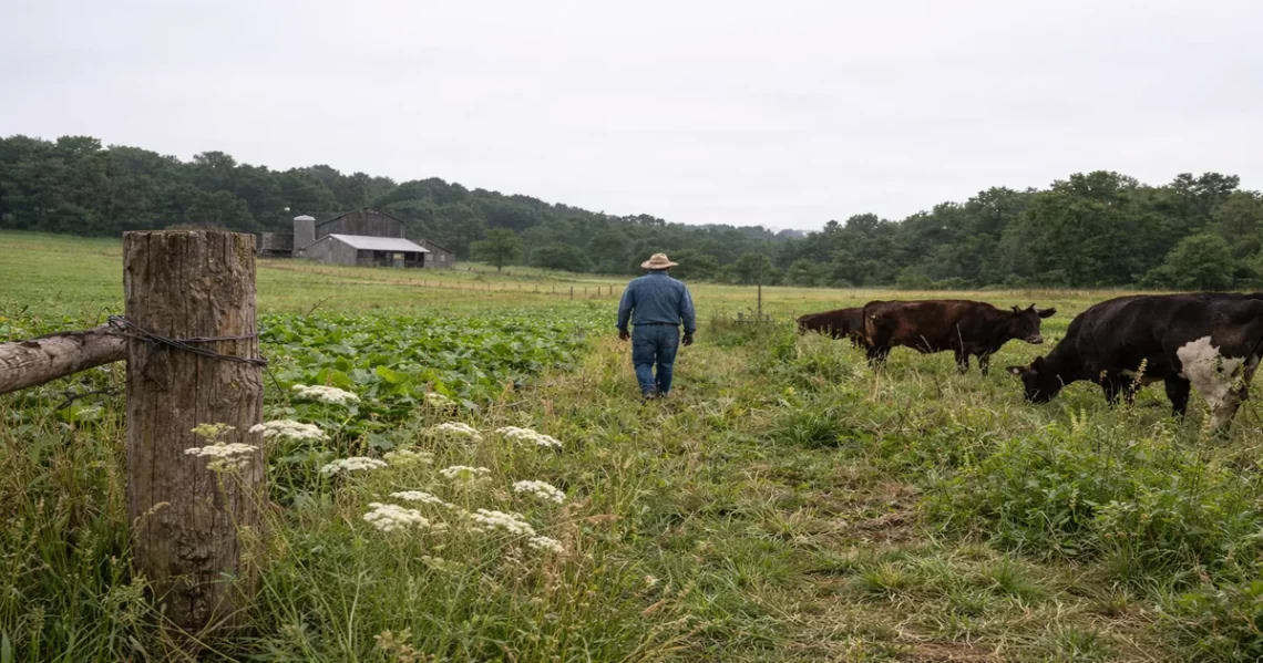 Farmer walking through a pasture with grazing cattle on a regenerative farm under an overcast sky, soil and vegetation fully visible in natural light