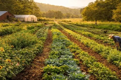 Regenerative farm fields with diverse crops growing in healthy living soil, illustrating the connection between soil health and human health