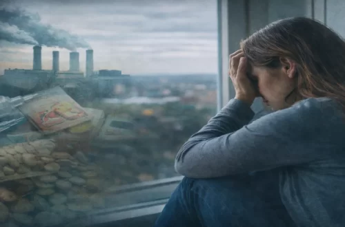 Woman sitting by a window looking distressed while pollution, syringes, and processed food imagery appear in the background