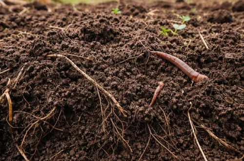 Close-up of rich, healthy farm soil with visible roots and earthworms in natural daylight