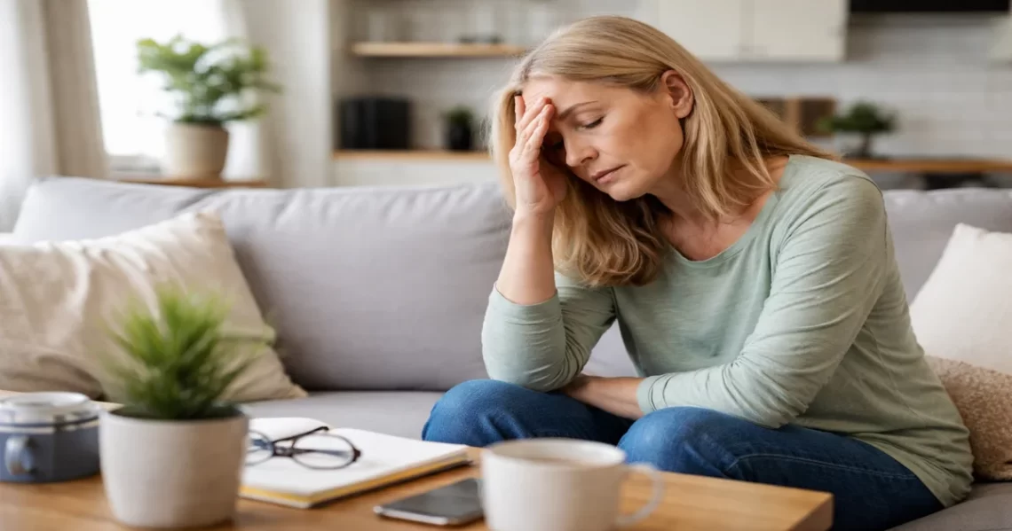 Woman sitting quietly on a couch at home, eyes closed and hand on her head, showing subtle signs of burnout and exhaustion
