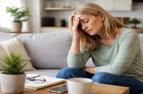 Woman sitting quietly on a couch at home, eyes closed and hand on her head, showing subtle signs of burnout and exhaustion