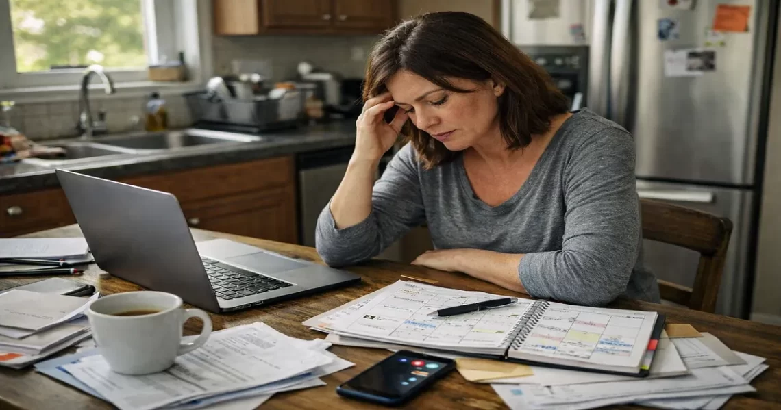Woman sitting at a cluttered kitchen table with laptop, phone, bills, and coffee appearing overwhelmed in natural morning light