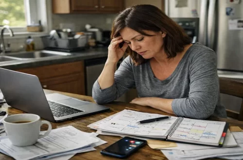 Woman sitting at a cluttered kitchen table with laptop, phone, bills, and coffee appearing overwhelmed in natural morning light