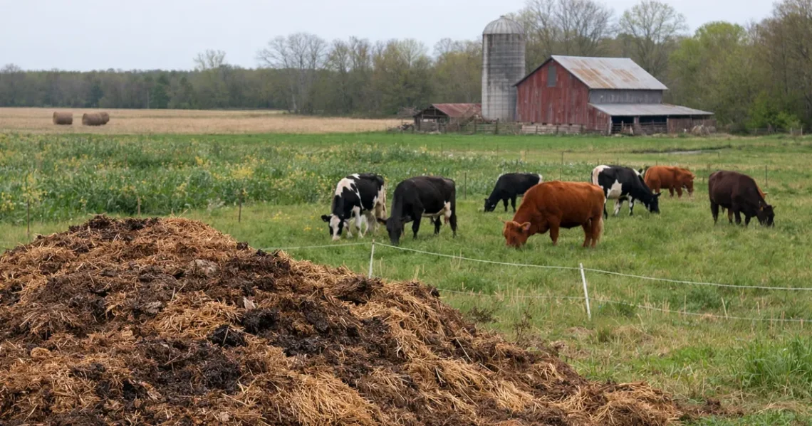 Compost pile in a pasture with grazing cattle and a red barn in the background, illustrating regenerative farming practices that rebuild soil health