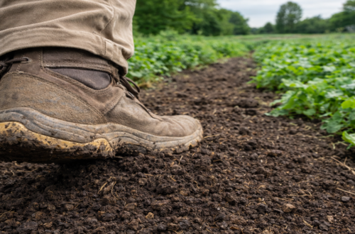 Farmer’s boot stepping into rich living soil between rows of green crops, showing the connection between farmland health and the human microbiome
