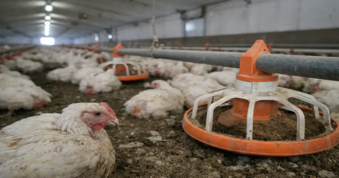 Crowded factory farm chickens inside an industrial poultry barn with feeding system and confined animals