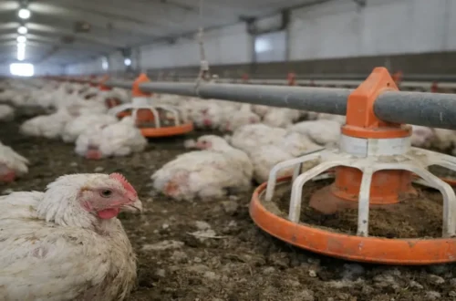 Crowded factory farm chickens inside an industrial poultry barn with feeding system and confined animals