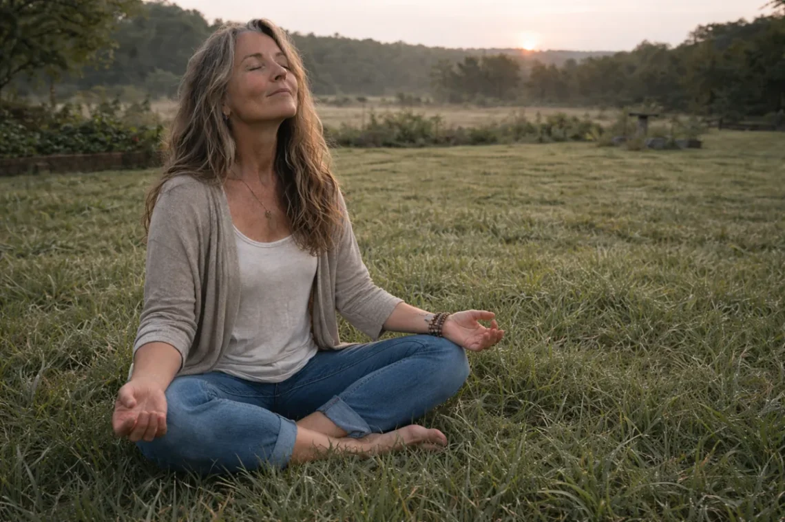 Woman sitting cross-legged in grass at sunrise with eyes closed, reflecting body awareness and health intuition