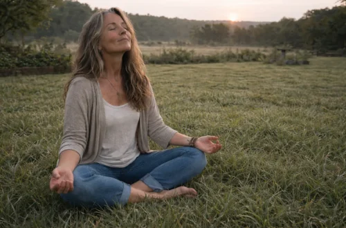 Woman sitting cross-legged in grass at sunrise with eyes closed, reflecting body awareness and health intuition