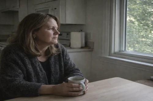 Middle-aged woman sitting alone at a kitchen table in early morning light looking down at her phone, reflecting the emotional weight of social isolation