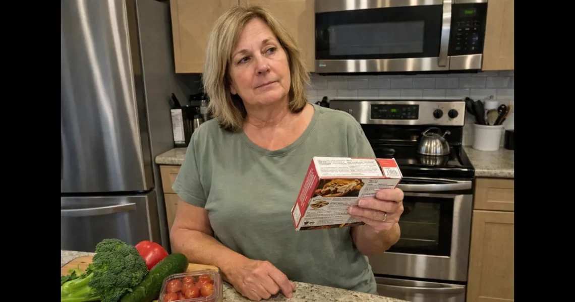 Woman in kitchen comparing processed food with fresh vegetables, representing modern lifestyle impact on microbiome health