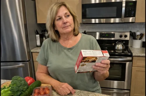 Woman in kitchen comparing processed food with fresh vegetables, representing modern lifestyle impact on microbiome health