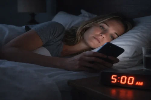 Woman lying in bed early in the morning looking at a bright phone screen with a 5:00 AM alarm clock on the nightstand