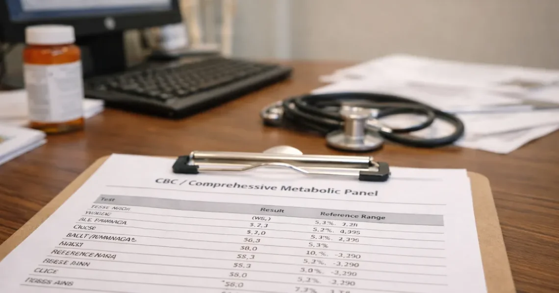 clipboard showing CBC and comprehensive metabolic panel lab results with reference ranges on a doctor’s desk