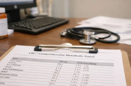 clipboard showing CBC and comprehensive metabolic panel lab results with reference ranges on a doctor’s desk
