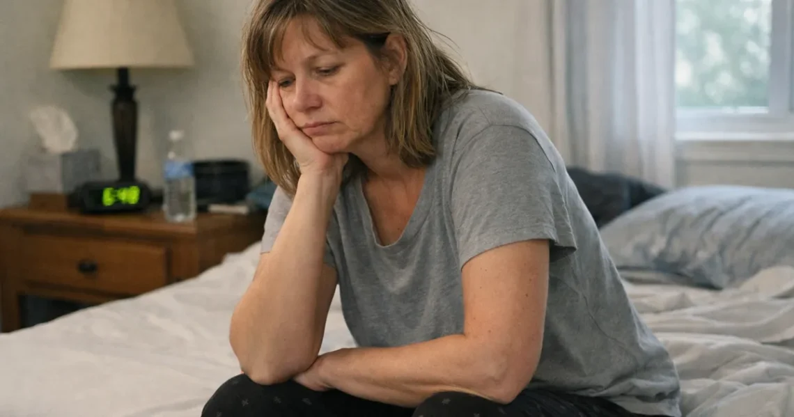 Woman sitting on edge of bed in the morning looking exhausted despite sleeping