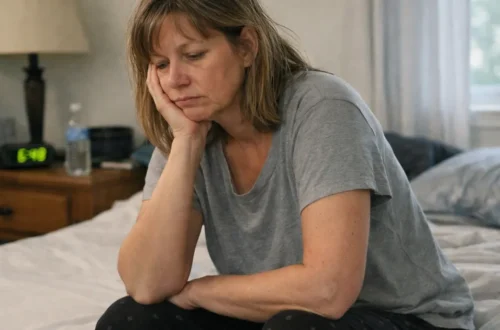 Woman sitting on edge of bed in the morning looking exhausted despite sleeping