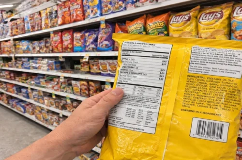 Hand holding a bag of ultra-processed snack food while reading the ingredient label in a grocery store aisle filled with packaged foods