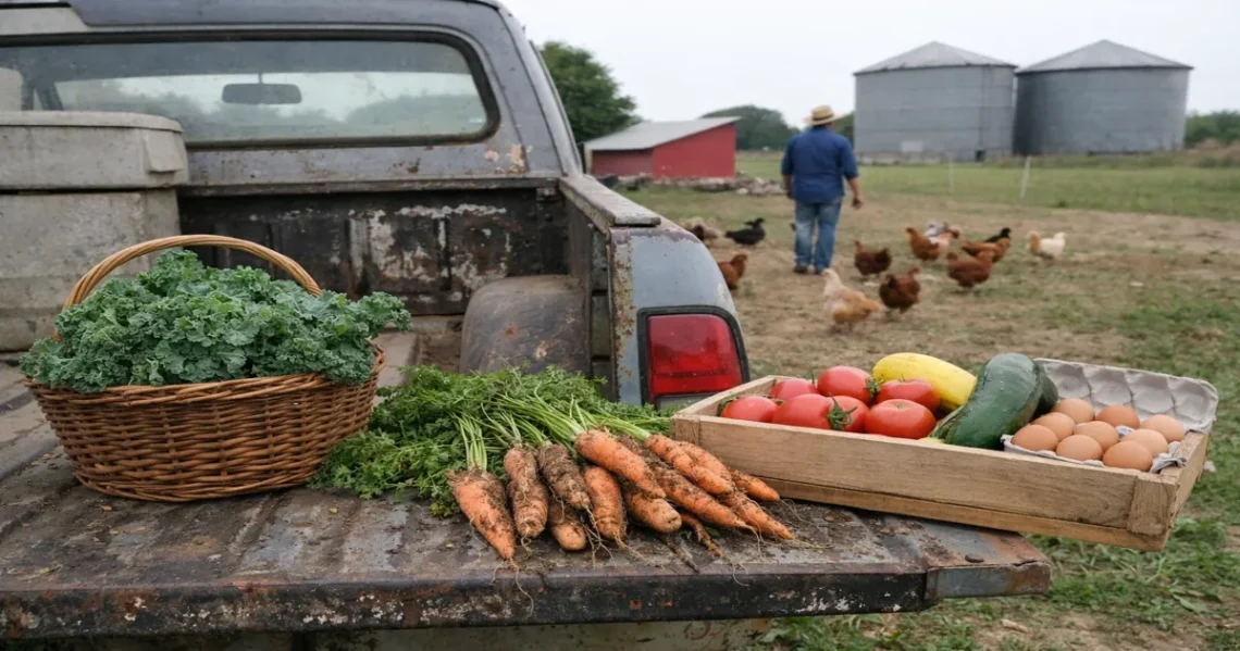 Fresh vegetables, eggs, and greens harvested on a small farm sit on the tailgate of an old pickup truck while chickens roam a pasture behind a farmer near grain silos.