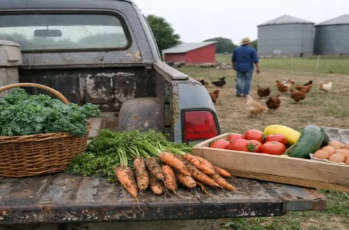 Fresh vegetables, eggs, and greens harvested on a small farm sit on the tailgate of an old pickup truck while chickens roam a pasture behind a farmer near grain silos.