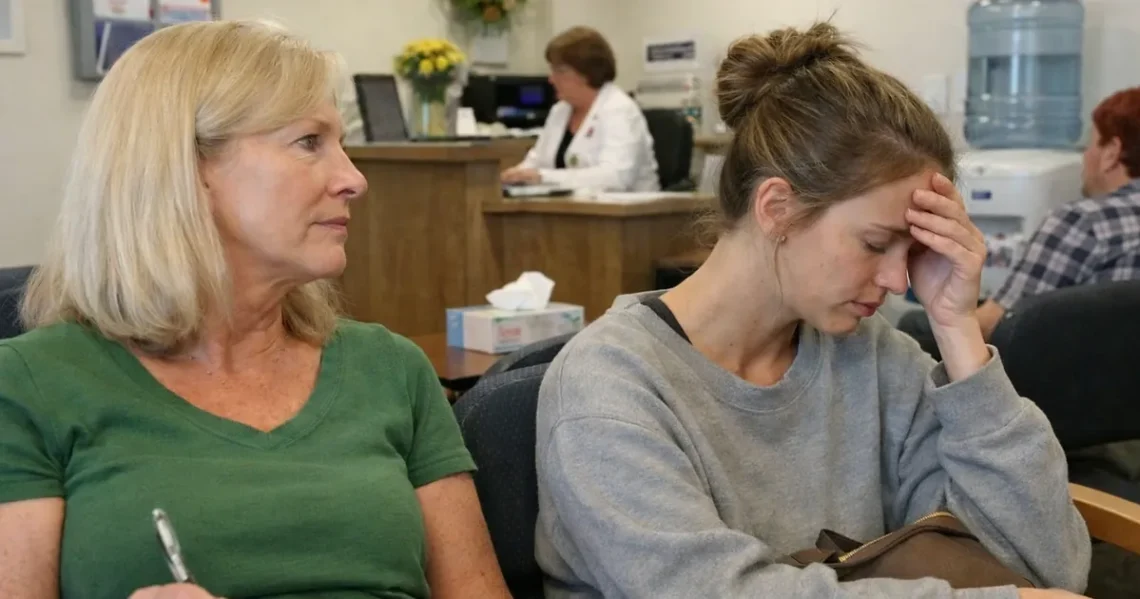 Two women sitting in a medical clinic waiting room, one holding paperwork and the other pressing her forehead in fatigue