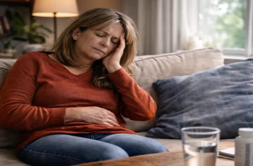 Woman sitting on a couch holding her stomach and head, appearing fatigued and uncomfortable in natural daylight at home