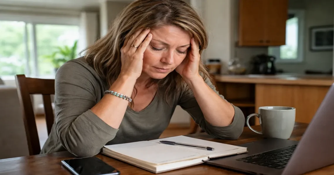Woman sitting at a table looking overwhelmed with notebook and laptop, representing feeling stuck in life