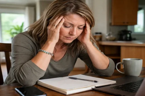 Woman sitting at a table looking overwhelmed with notebook and laptop, representing feeling stuck in life