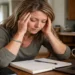 Woman sitting at a table looking overwhelmed with notebook and laptop, representing feeling stuck in life