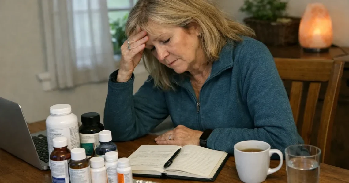 Woman sitting at table overwhelmed by multiple health supplements and notes