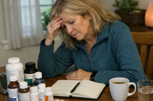 Woman sitting at table overwhelmed by multiple health supplements and notes