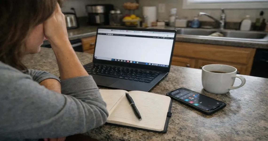 Woman sitting at kitchen counter looking overwhelmed with laptop, phone notifications, and blank notebook