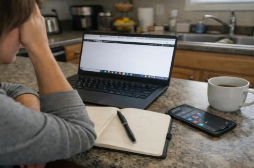 Woman sitting at kitchen counter looking overwhelmed with laptop, phone notifications, and blank notebook