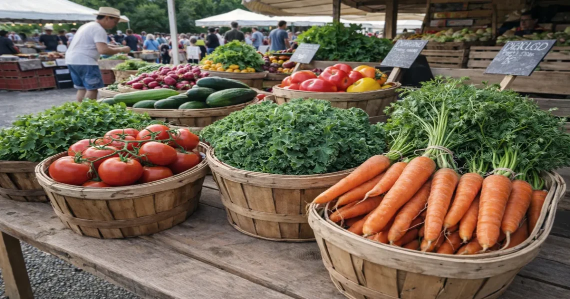 Fresh vegetables at a farmers market showing differences in food quality, sourcing, and nutrient density