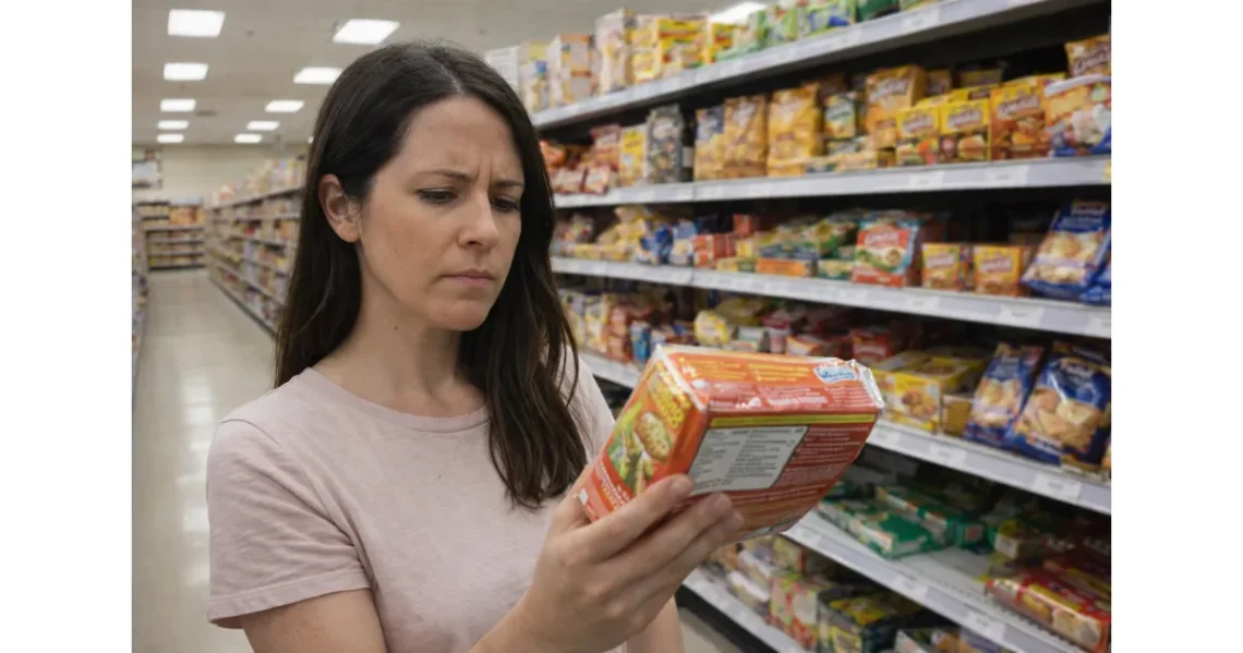 Woman in grocery store reading label on processed food package in aisle