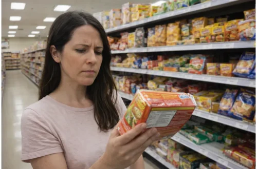 Woman in grocery store reading label on processed food package in aisle