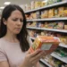 Woman in grocery store reading label on processed food package in aisle