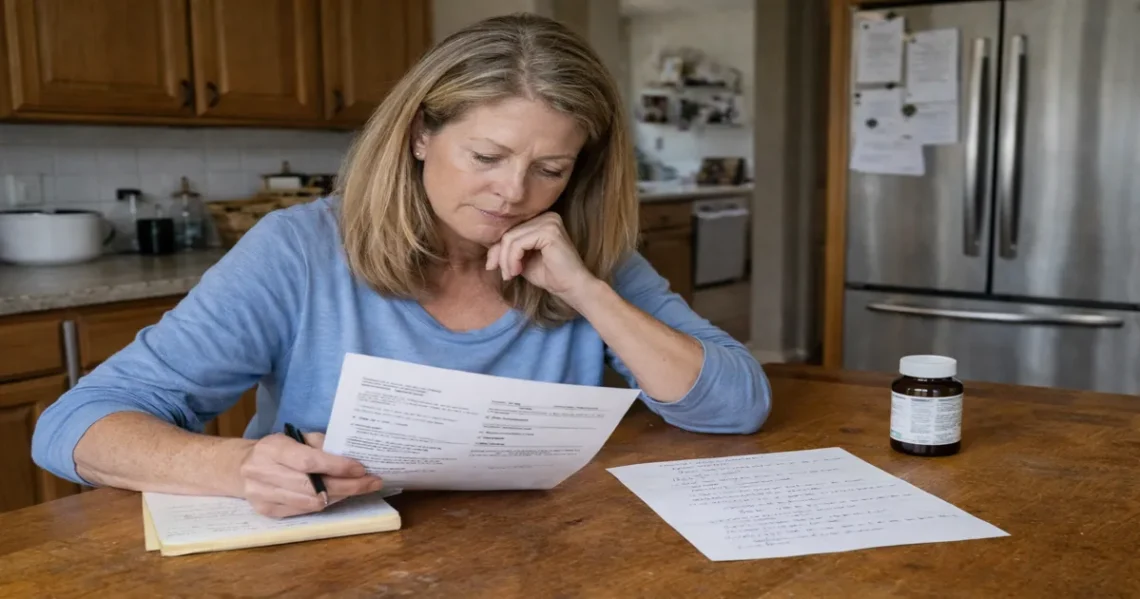 Woman sitting at kitchen table reviewing medical paperwork and handwritten notes while making a personal health decision