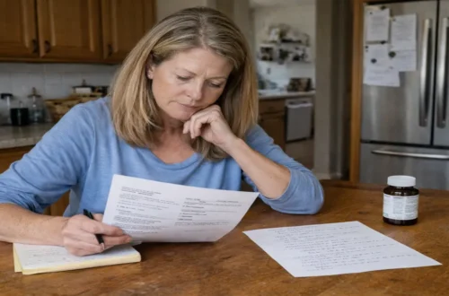 Woman sitting at kitchen table reviewing medical paperwork and handwritten notes while making a personal health decision