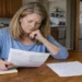 Woman sitting at kitchen table reviewing medical paperwork and handwritten notes while making a personal health decision