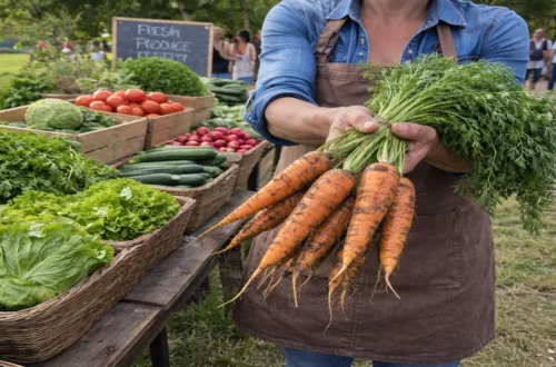 Person holding freshly harvested carrots at a local farmers market with vegetables displayed in the background